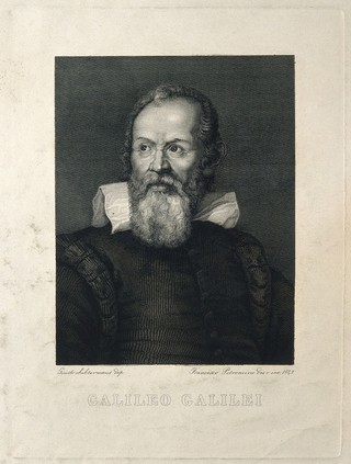 Galileo Galilei. Line engraving by F. Petroncini, 1847, after himself after J. Sustermans.