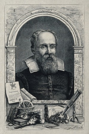 view Galileo Galilei. Wood engraving by L. Dumont after H. Rousseau.