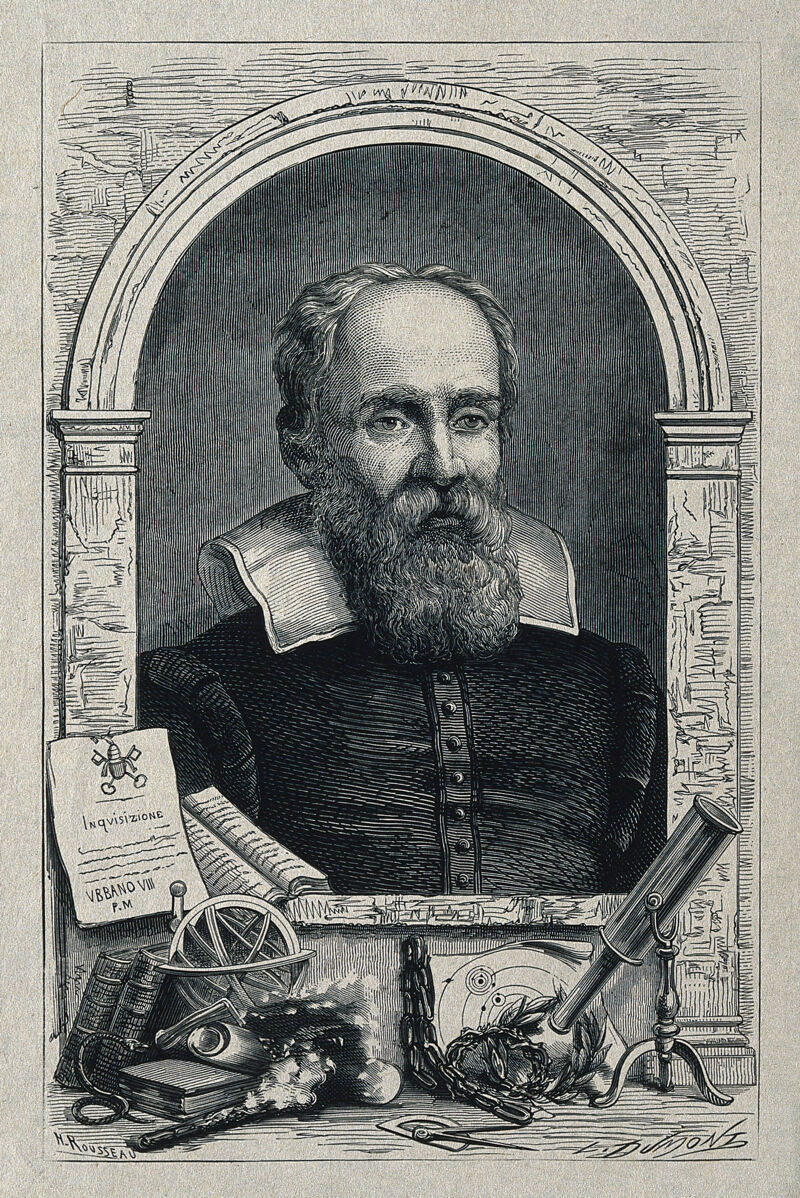 Galileo Galilei. Wood engraving by L. Dumont after H. Rousseau
