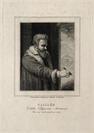 Galileo Galilei. Line engraving by Boutrois & Jouannin after J. A. Laurent, 1822.