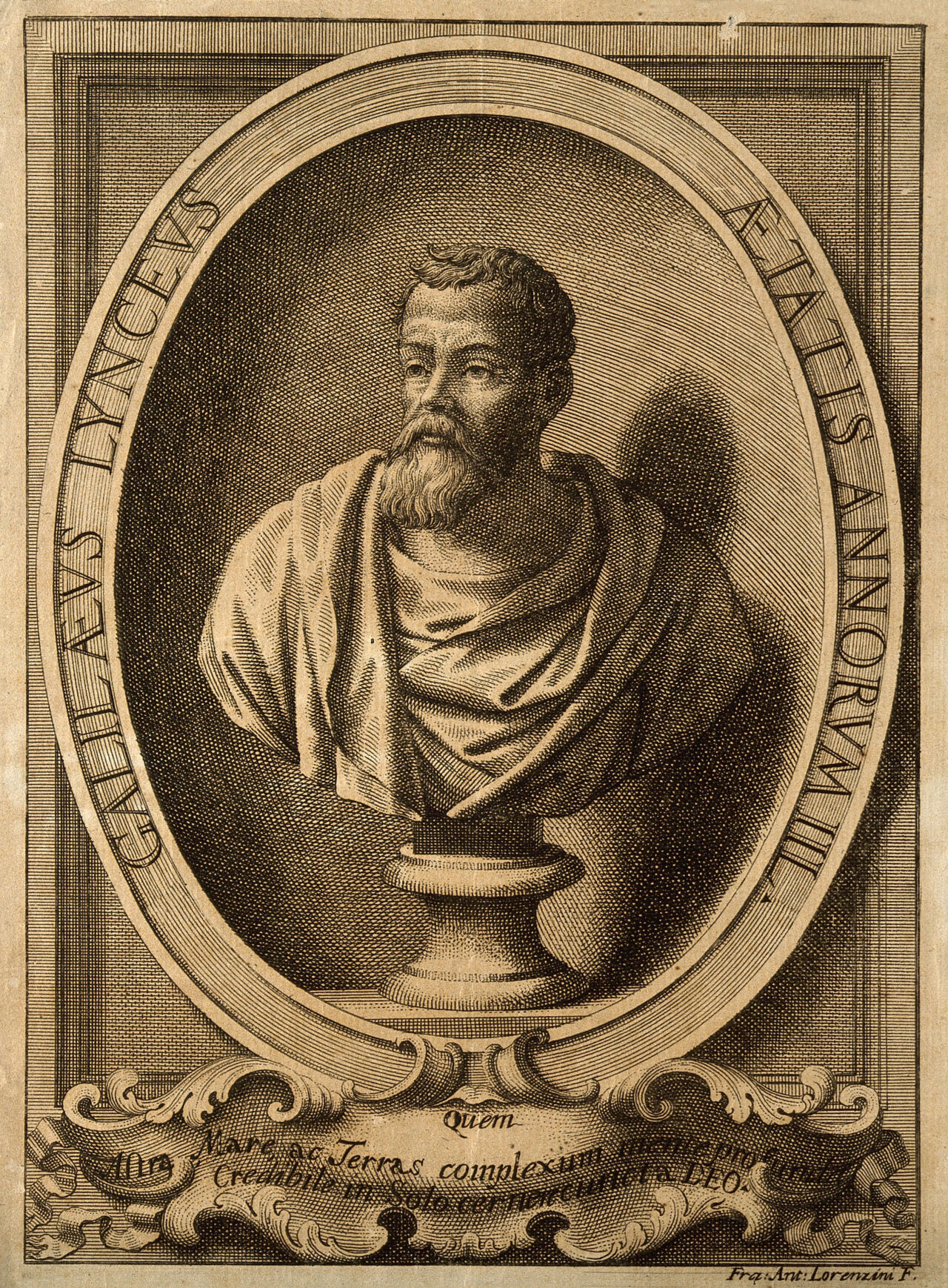 Galileo Galilei. Line engraving by G.A. Lorenzini after G.B. Caccini., 1701, by Giovanni Battista Caccini