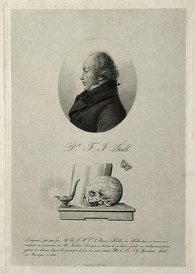Franz Joseph Gall. Line engraving by A. C. Reindel, 1841, after Baron C. J. W. K. J. Haller de Hallerstein.