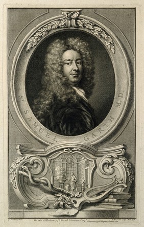 Sir Samuel Garth. Line engraving by J. Houbraken, 1748, after Sir G. Kneller.
