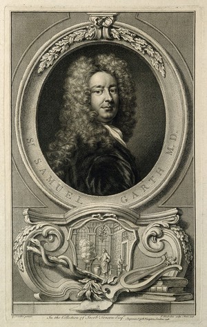 view Sir Samuel Garth. Line engraving by J. Houbraken, 1748, after Sir G. Kneller.