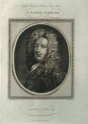 Sir Samuel Garth. Line engraving by J. Goldar, 1786, after Sir G. Kneller.