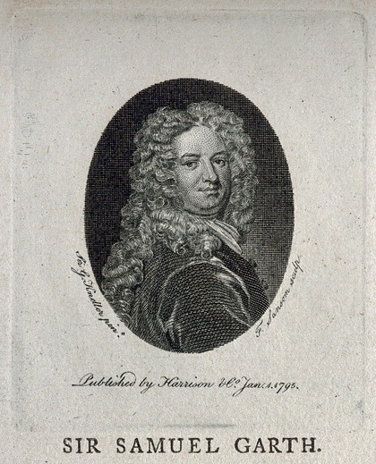 Sir Samuel Garth. Line engraving by F. Sansom, 1795, after Sir G. Kneller.