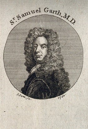 Sir Samuel Garth. Line engraving by J. June, 1764, after Sir G. Kneller.