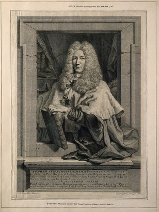Etienne François Geoffroy. Line engraving by L. Surugue, 1737, after N. de Largillière.