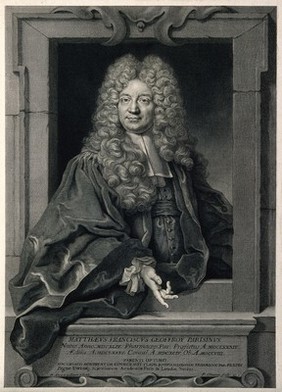 Mathieu François Geoffroy. Line engraving by F. Chéreau, 1718, after N. de Largillière.