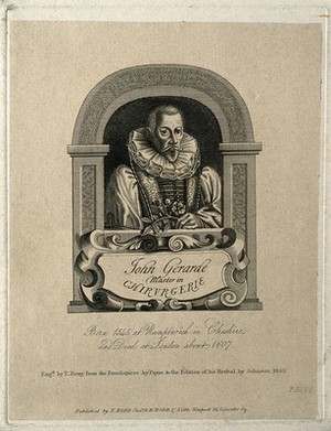 view John Gerard. Line engraving by T. Berry after J. Payne, 1633.