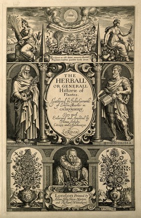 John Gerard: portrait and botanical motifs. Line engraving by J. Payne, 1633.