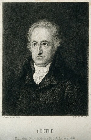 view Johann Wolfgang von Goethe. Etching by W. Unger, 1881, after F. Jagemann, 1806.