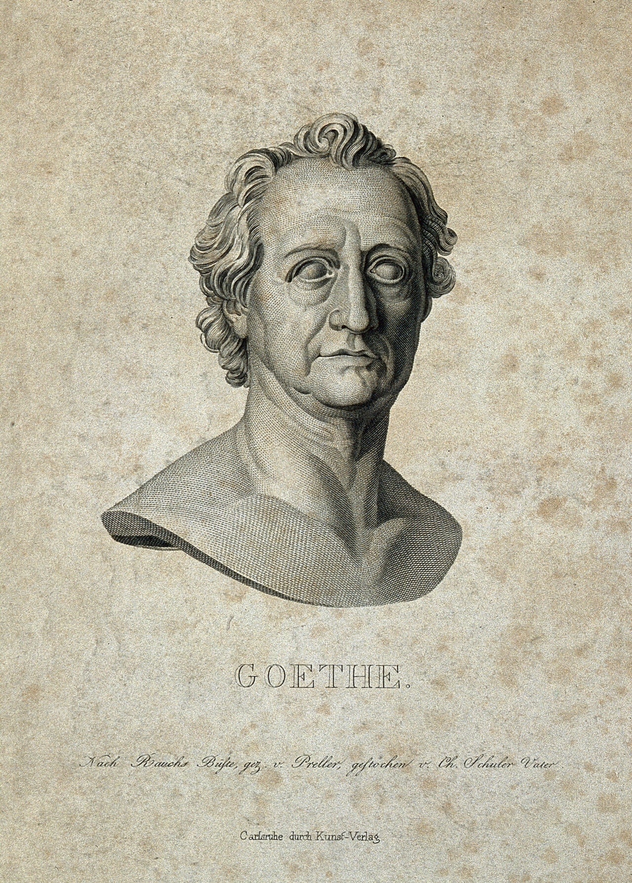 Johann Wolfgang von Goethe. Line engraving by C. Schuler, senior, after Preller after C. D. Rauch., by Christian Daniel Rauch
