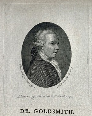 view Oliver Goldsmith. Line engraving by P. Audinet, 1795.