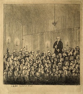 James Graham: addressing a throng in Edinburgh. Etching by J. Kay, 1783, after himself.