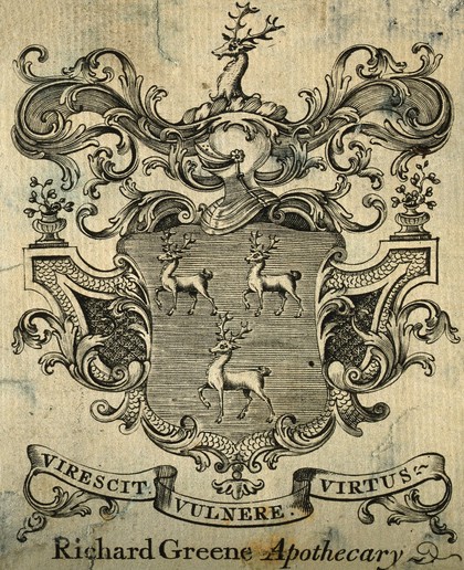 Richard Greene's armorial tradecard [?]. Line engraving.