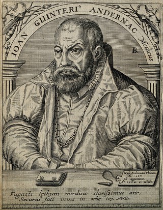 Johann Guenther [Guinter]. Line engraving by T. de Bry.