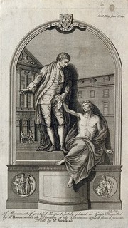 Thomas Guy. Line engraving by Cook, 1784, after F. Bartolozzi after J. Bacon, senior, 1779.