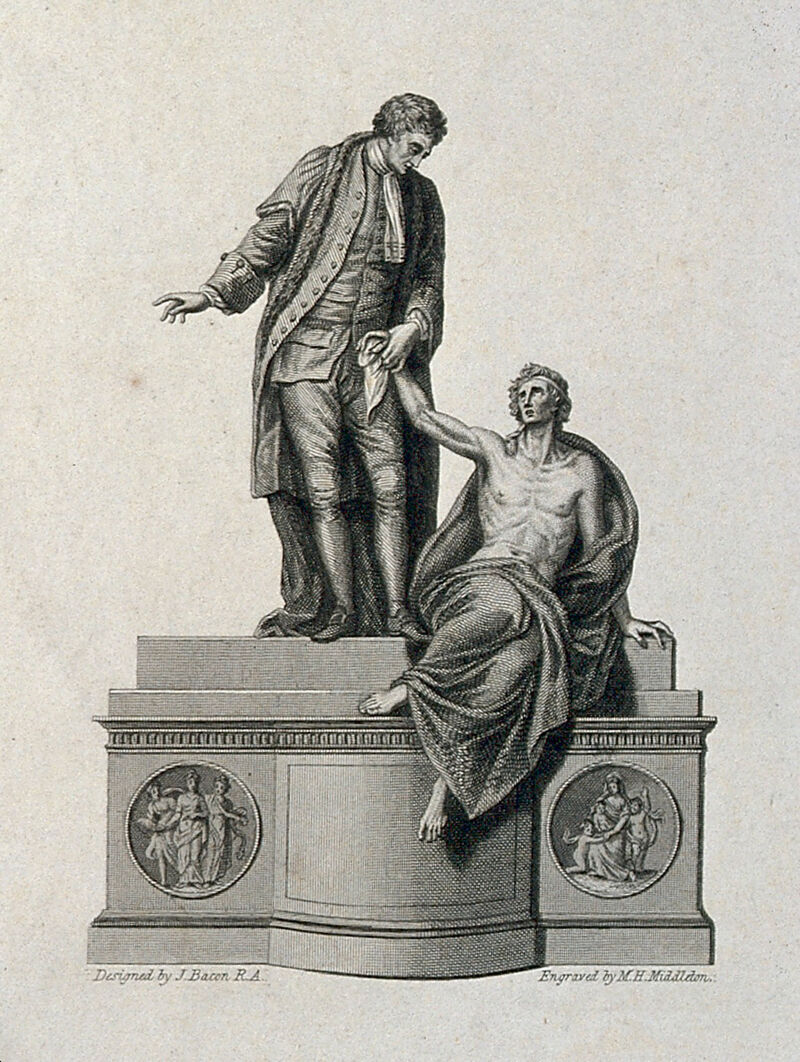 Thomas Guy. Line engraving by M. H. Middleton after J. Bacon, senior, 1779., by John Bacon