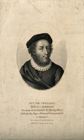 Guy de Chauliac. Stipple engraving by A. Tardieu after himself.