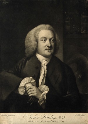 view John Hadley. Mezzotint by E. Fisher after B. Wilson, 1759.