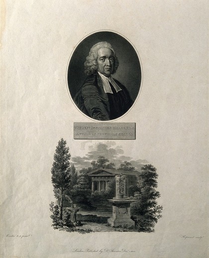 Stephen Hales; with a vignette of his experiments on plant physiology. Line engraving by J. Hopwood, 1807, after T. Hudson.