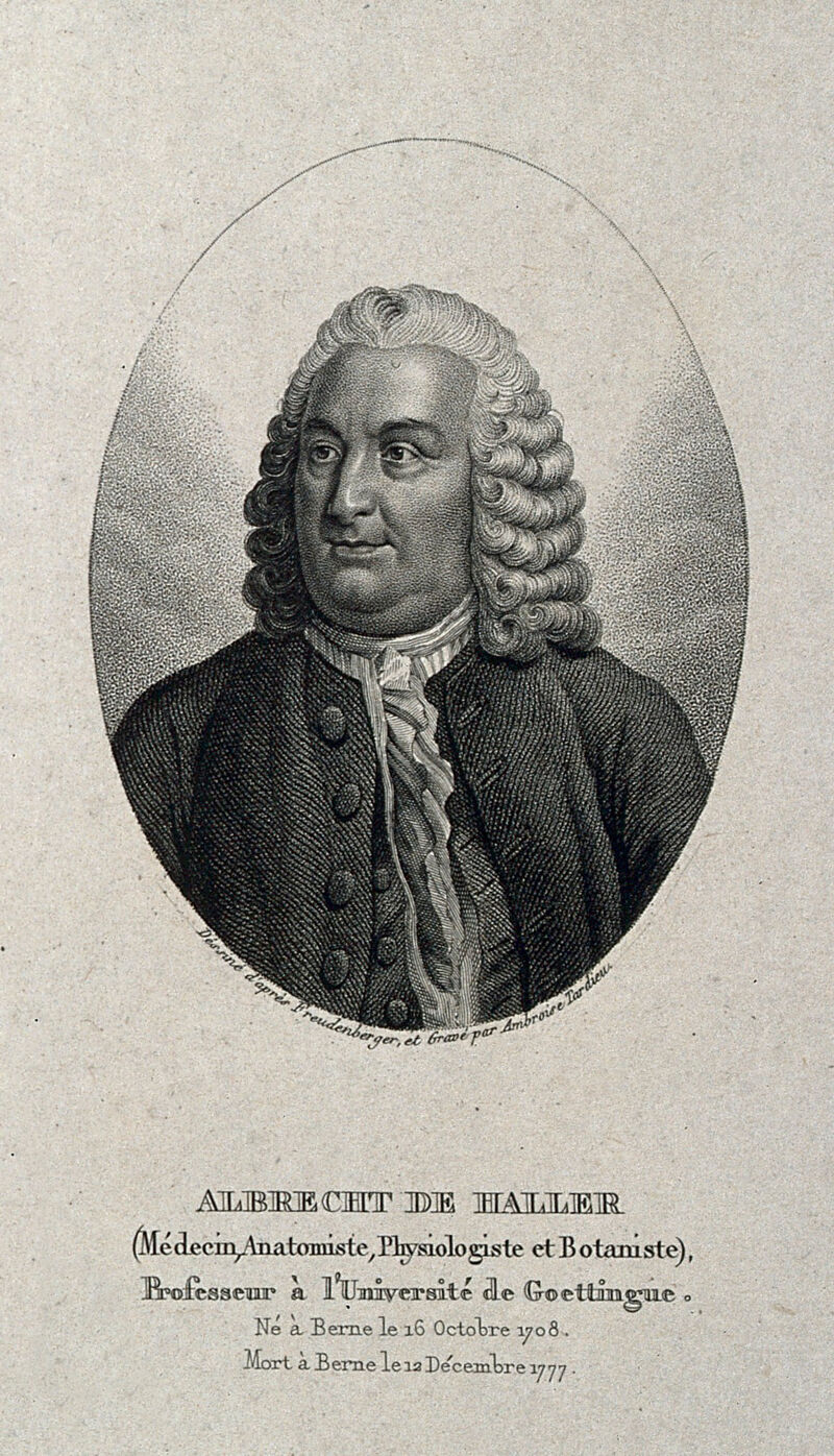 Baron Albrecht von Haller. Stipple engraving by A. Tardieu after S. Freudenberger., by Sigmund Freudenberger