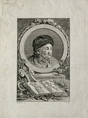 view Baron Albrecht von Haller. Line engraving by B. A. Dunker.