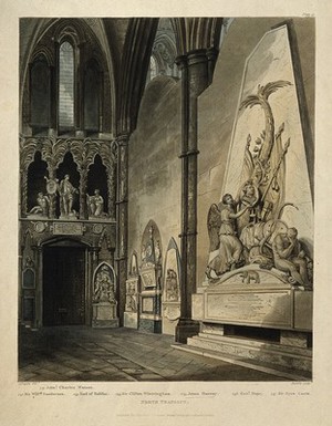 view Monuments to Jonas Hanway and others in Westminster Abbey. Coloured aquatint by J. Hamble, 1812, after A. Pugin.