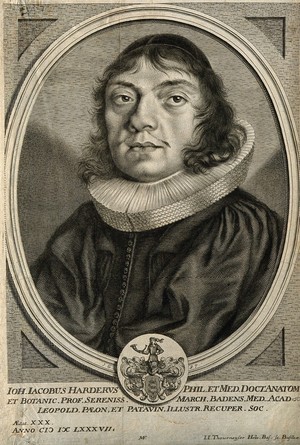 view Johann Jakob Harder. Line engraving by J. J. Thourneyser, 1687, after M. Merian the younger.