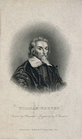 William Harvey. Stipple engraving by J. Thomson, 1823, after W. von Bemmel, 1657.