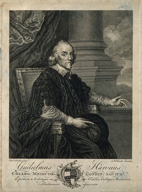 William Harvey. Line engraving by J. Hall, 1766.