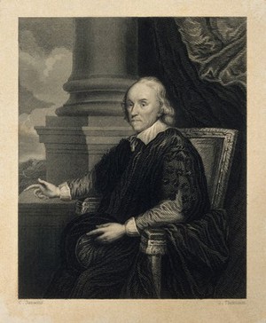 view William Harvey. Stipple engraving by J. Thomson, 1839, after C. Janssen.