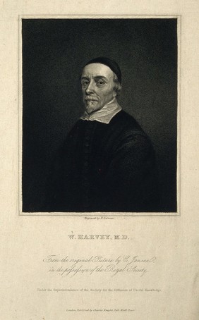 William Harvey. Stipple engraving by E. Scriven after C. Janssen.