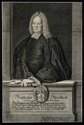 Balthasar Hebenstreit. Line engraving by J. C. Dehne, 1723.