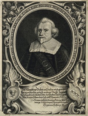 view Sebastian Heinlin (Heinlein, Heinlinus). Line engraving by J. F. Fleischberger.