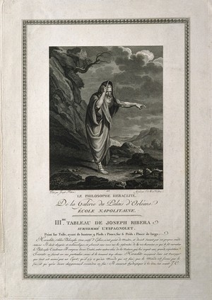 view Heraclitus. Line engraving by L. M. Halbou after a painting attributed to J. Ribera.