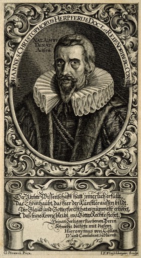 Johannes Christophorus Herpferus. Line engraving by J. F. Fleischberger after G. Strauch.