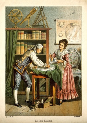 view Sir William Herschel and Caroline Herschel. Colour lithograph by A. Diethe, ca. 1896.