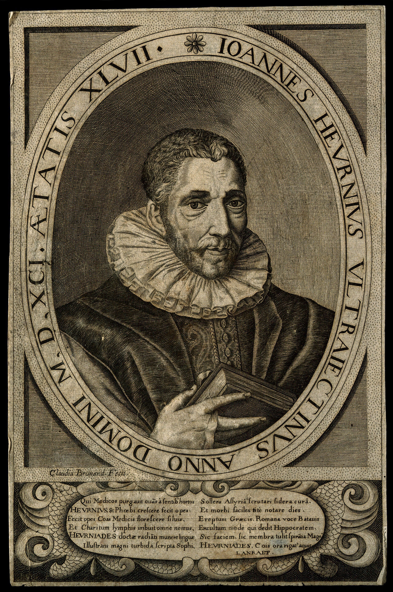 Joannes Heurnius. Line engraving by Claudine Brunand., 1600-1699, by Claudine Brunand