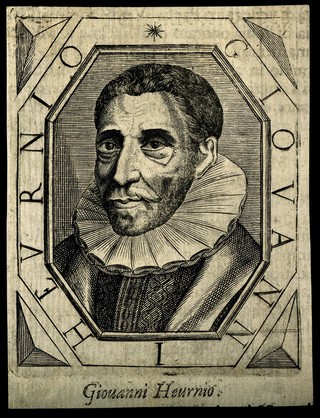 Joannes Heurnius. Line engraving attributed to A. Bosio, 1666.