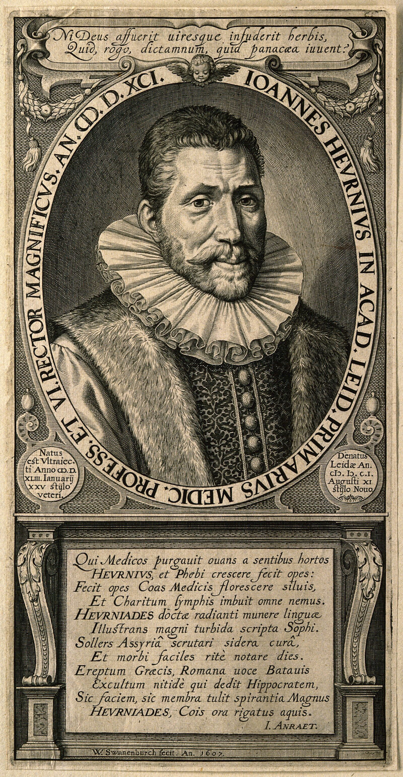 Joannes Heurnius. Line engraving by W. Swanenburg, 1607., 1607, by Willem Isaacsz Swanenburg