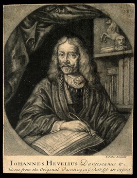 Joannes Hevelius [Hewelke]. Mezzotint by J. Faber after A. Stech, 1677.