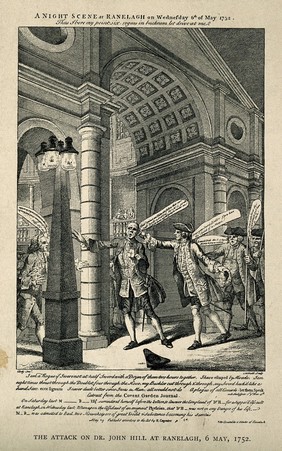 Sir John Hill being attacked by Mountefort Brown at the entrance to Ranelagh Rotunda. Process print after engraving by Telltruth after Clody.