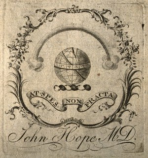 view John Hope's armorial bookplate. Line engraving.