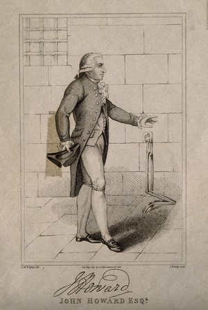 view John Howard, full-length portrait. Line engraving by J. Romney, 1817, after G. M. Brighty.