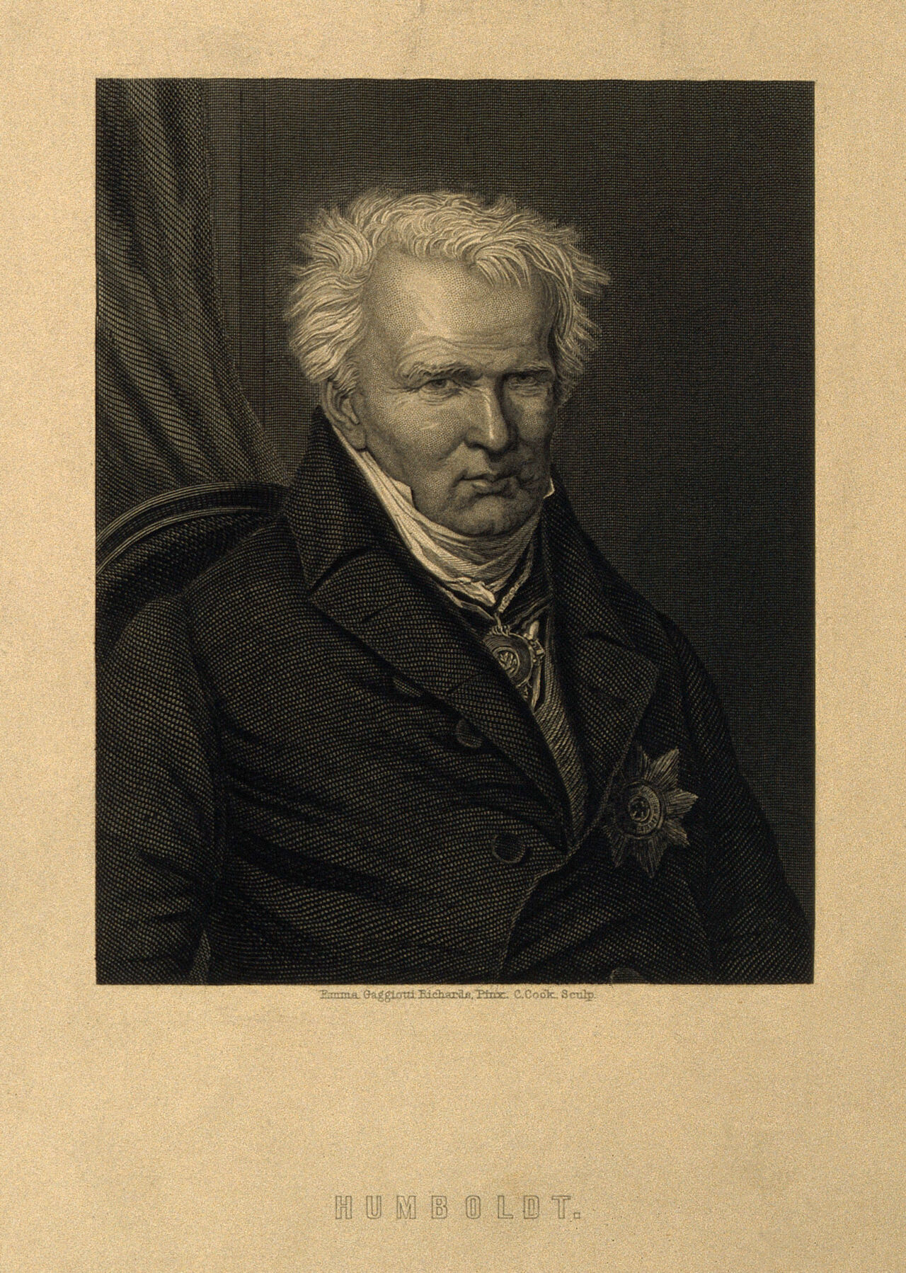 Friedrich Heinrich Alexander von Humboldt. Stipple engraving by C. Cook after Emma Gaggiotti-Richards, 1854., by Emma Gaggiotti Richards