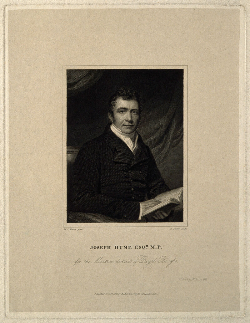 Joseph Hume. Line engraving by R. Newton, 1821, after W. J. Newton., 1821, by William John Newton