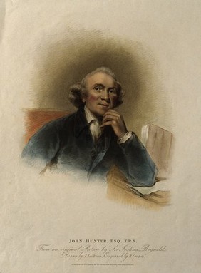 John Hunter. Coloured stipple engraving by R. Cooper, 1814, after J. Jackson after Sir J. Reynolds, 1786.