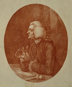 view William Hunter. Coloured stipple engraving by J. Thornthwaite, 1780, after himself.
